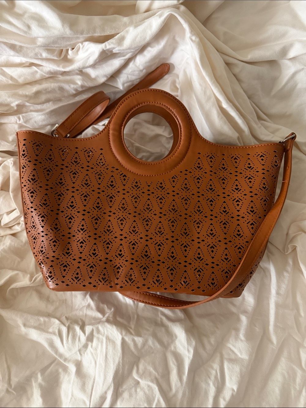Free People Tan Laser-Cut Circle-Handle Tote